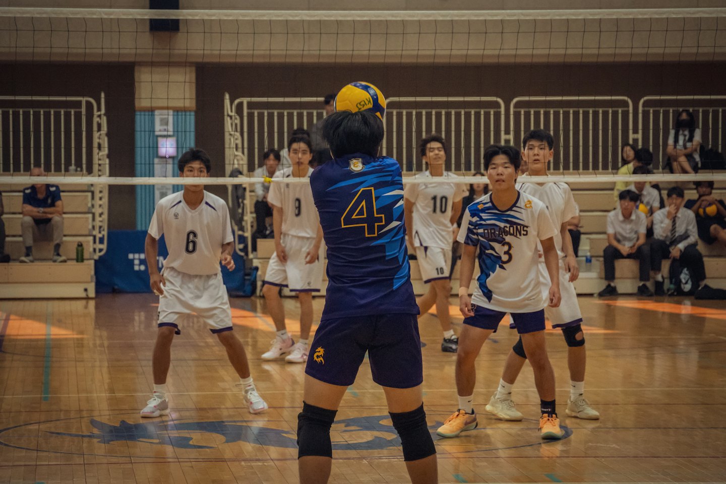 Volleyball player in blue jersey holds a ball on an indoor court.